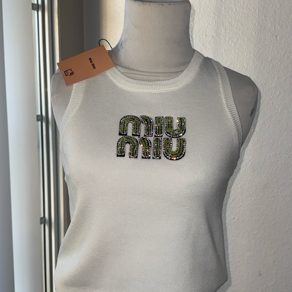 Miu Miu White Tank Top with Embellished Logo